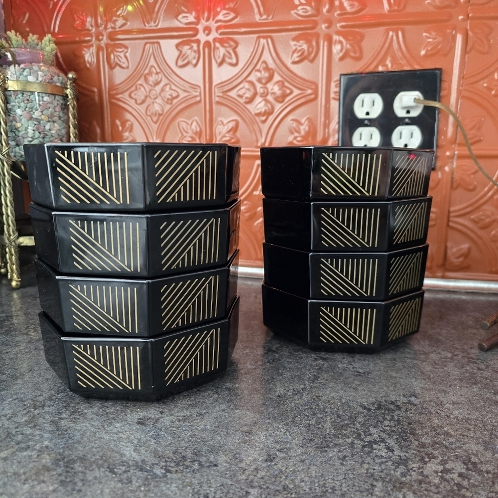 Set Of 8 Arcoroc France Marine Gold Black Octagonal Cereal Soup Bowls